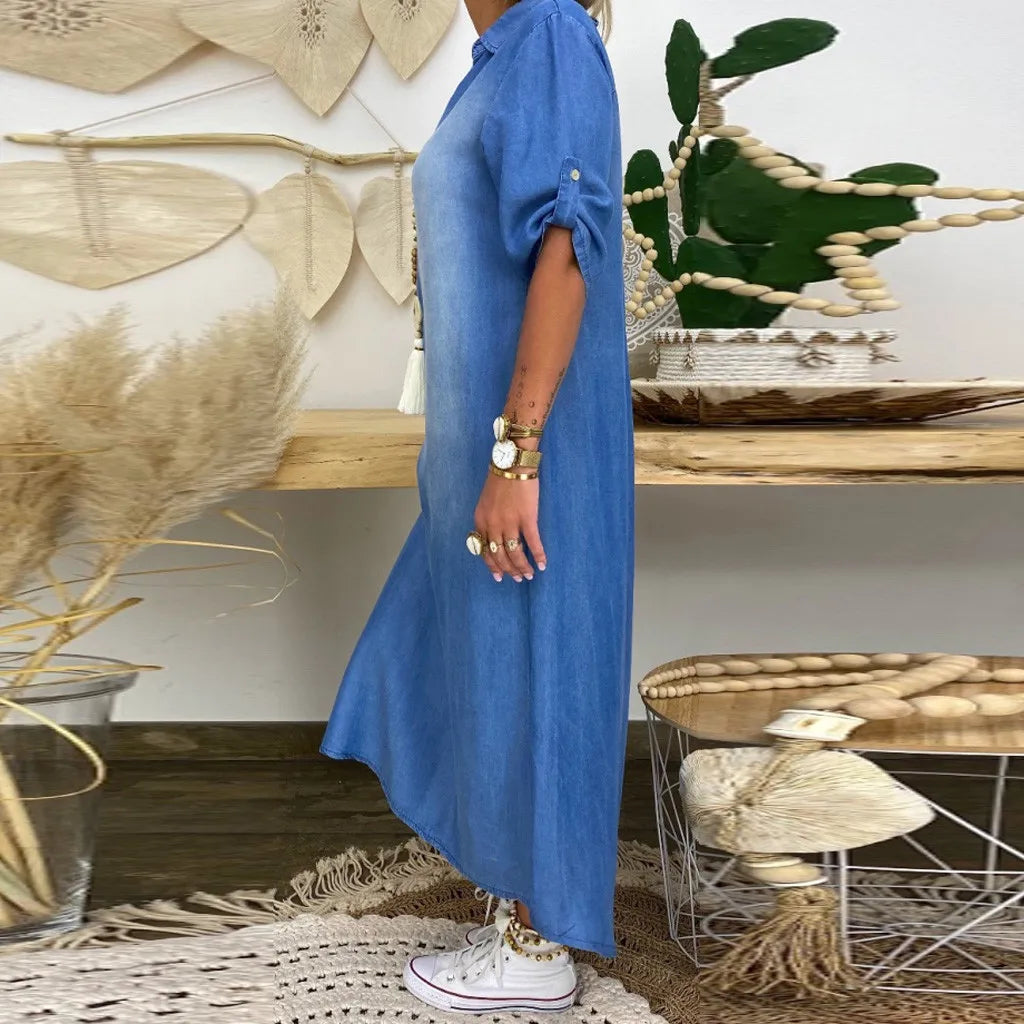 Lea | Long Denim-Look Dress with Side Slit